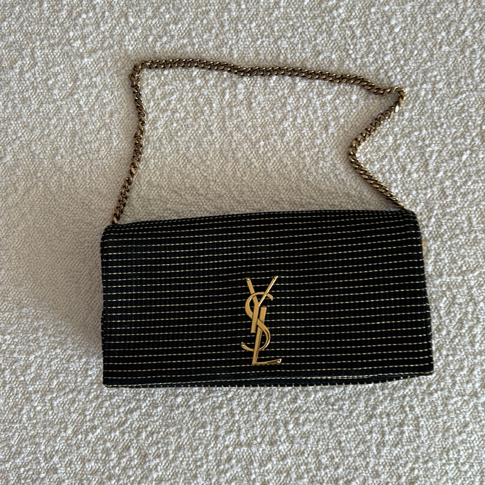Yves Saint Laurent Suede Contrast Stitching Monogram Kate 99 Black Gold Bag - Picture 2 of 10